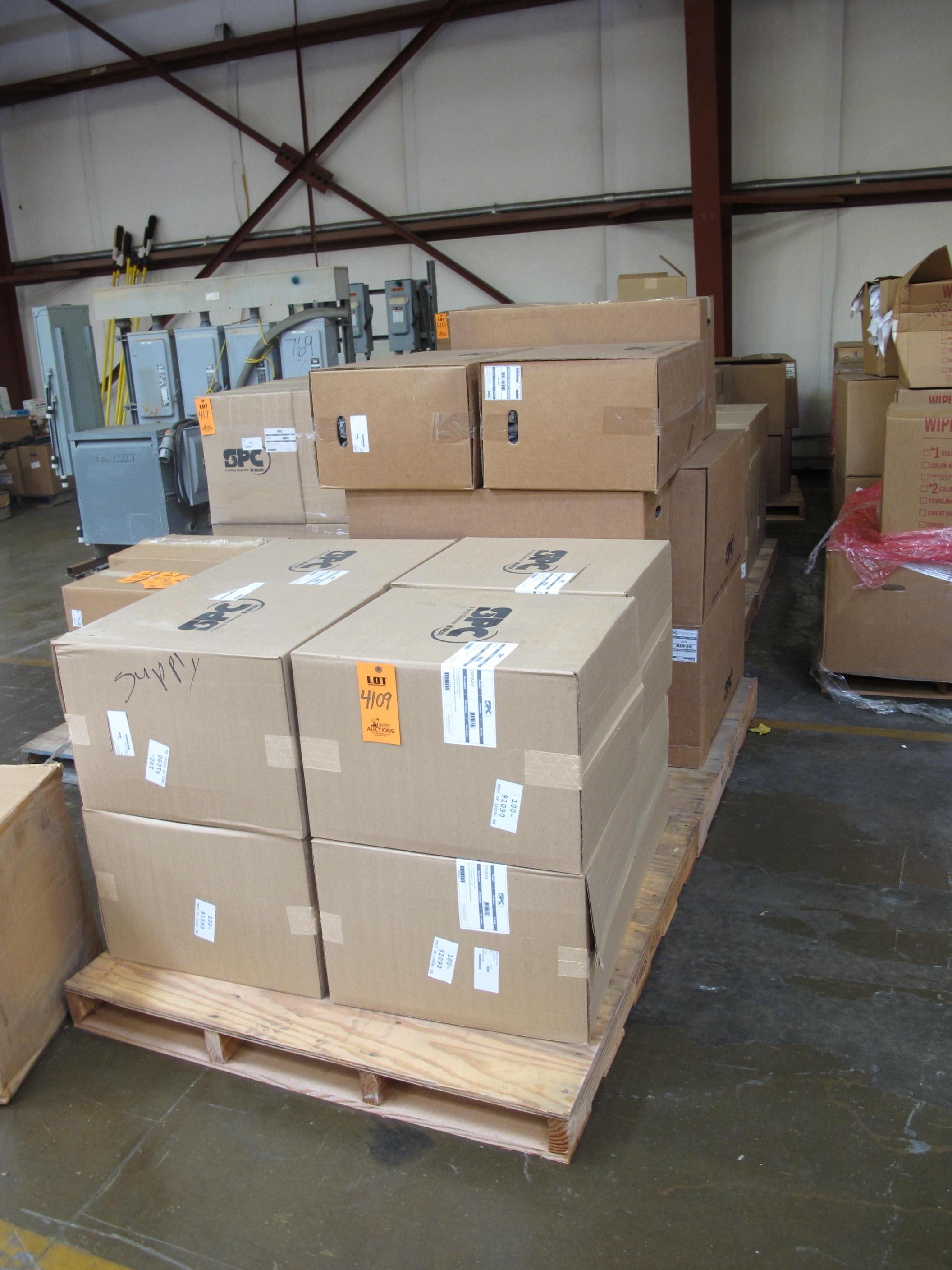 LOT TO INCLUDE: (744) PANS, 10-1/4" X 10-1/4" X 3" SIZE, ABSORBENT KIND, POLYETHYLENE MATERIAL. CONTAINS ABSORBENT PADS FOR CONTAINING SPILL/LEAKS. 24PADS PER BOX, (966) ABSORBENT, HOT DOG TYPE, "ORIGINAL PIG" FORM. 42" LG, 3" DIA. FILLED WITH ORGANIC MATERIAL (CORN COB) FOR OIL, SOLVENTS, OR NON-AGGRESSIVE AQUEOUS WASTES. GREY COLOR. INCINERABLE AND BIODEGRADABLE. 40 PER BOX.. LOADING & HANDLING FEE $30-4109